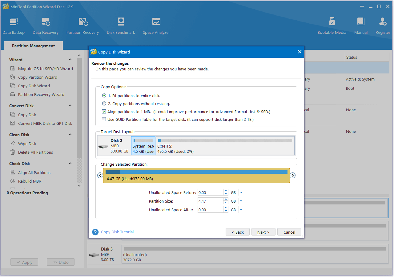 set Copy Options and adjust disk layout in MiniTool Partition Wizard