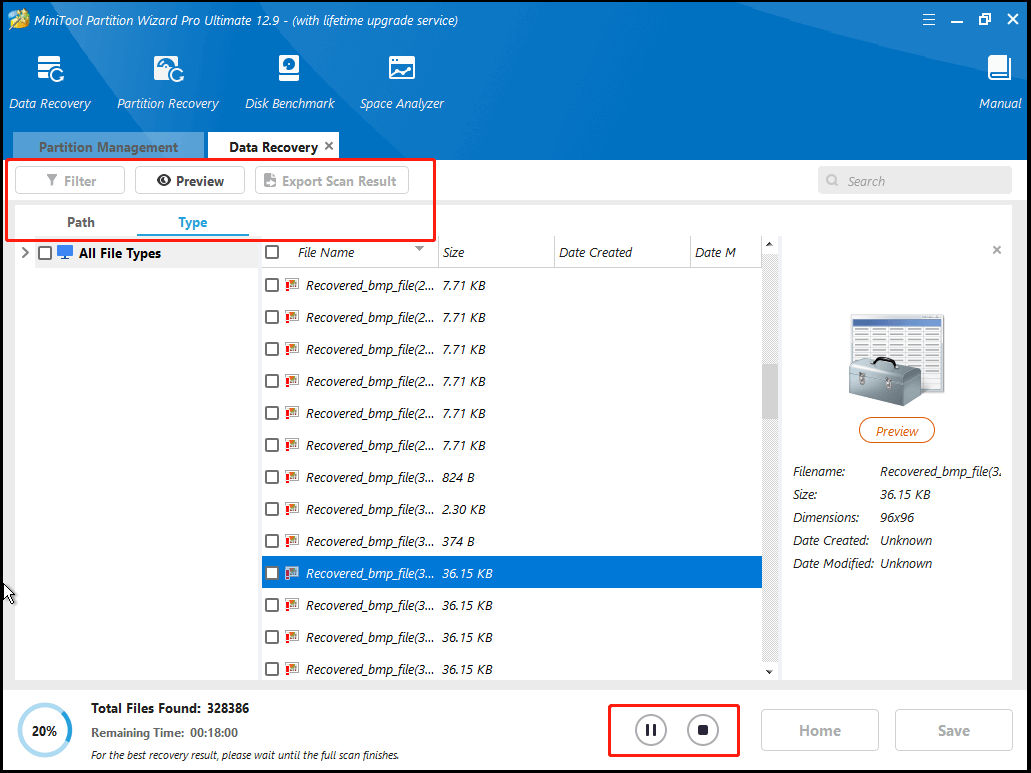 click Pause or Stop in MiniTool Partition Wizard