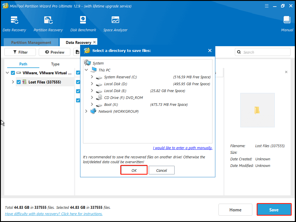 save the recovered files found by MiniTool Partition Wizard