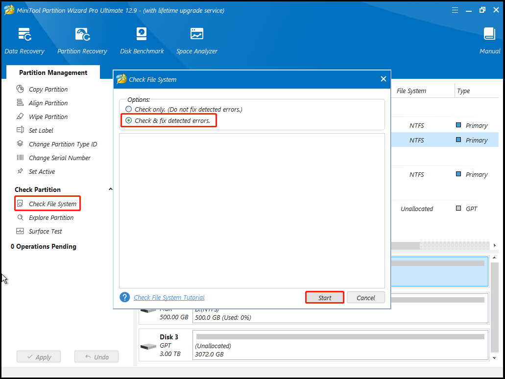 run Check File System in MiniTool Partition Wizard