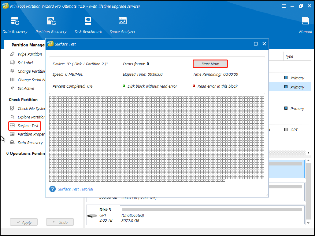 run Surface Test in MiniTool Partition Wizard