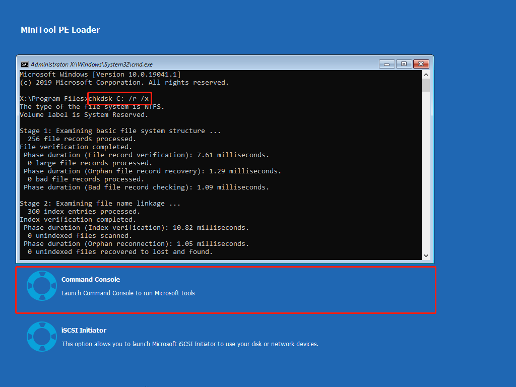 run CHKDSK command in Command Console