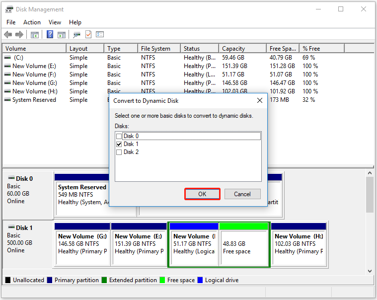 select the disk to convert in Disk Management