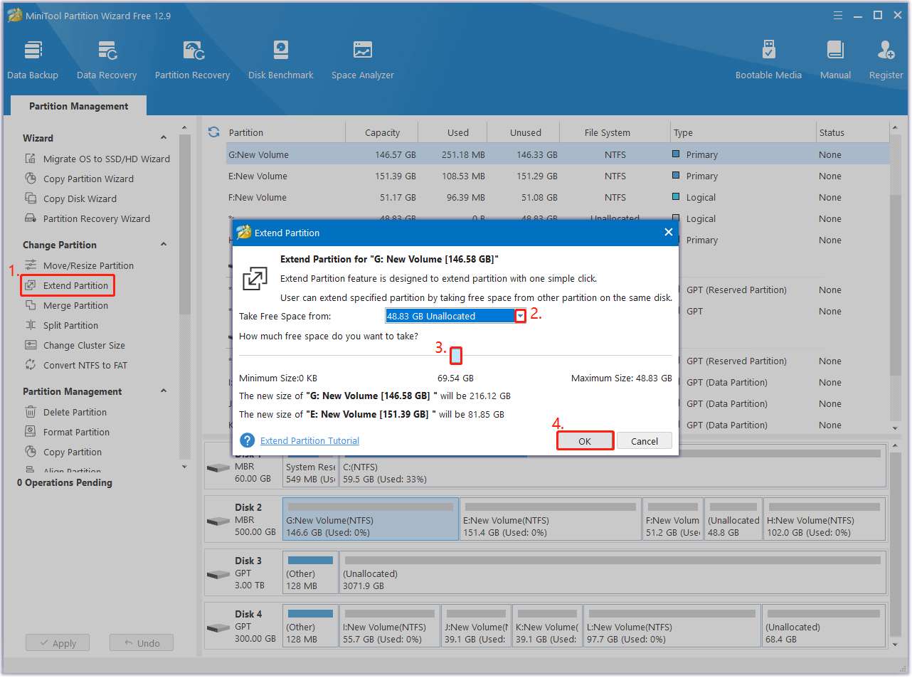 extend a partition in MiniTool Partition Wizard