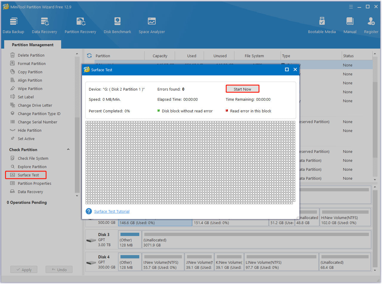 run Surface Test in MiniTool Partition Wizard