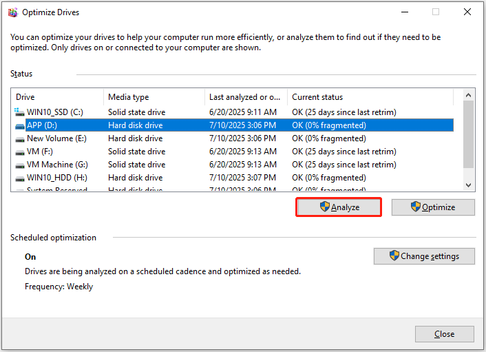 click Analyze in the Optimize Drives window