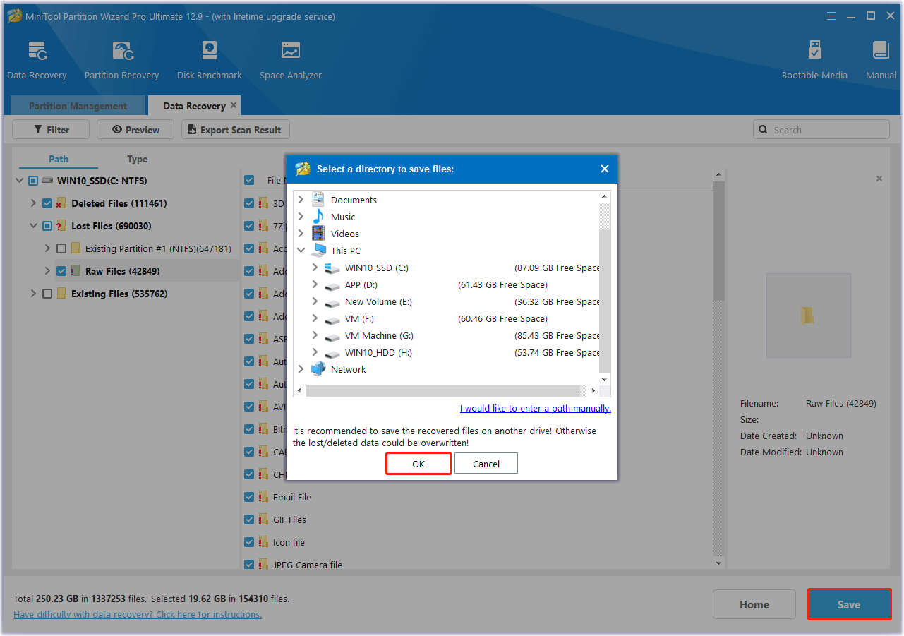 Save the recovered files from MiniTool Partition Wizard