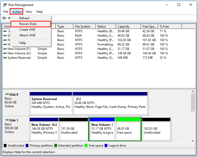 click Rescan Disks in Disk Management