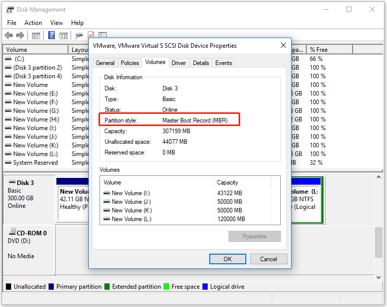 check the Partition style in Disk Management