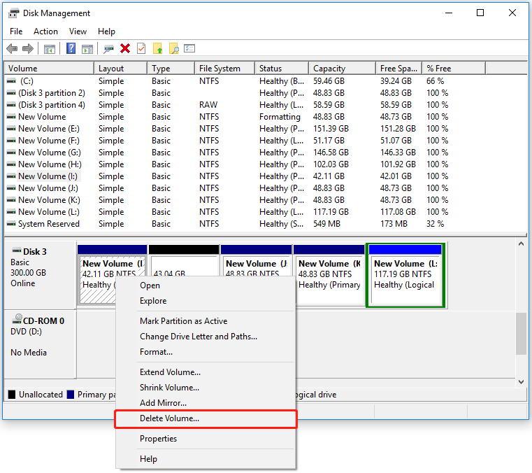 delete all the partitions in Disk Management