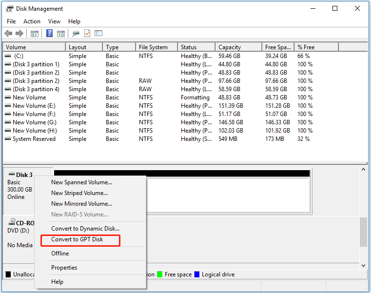 Select convert MBR to GPT