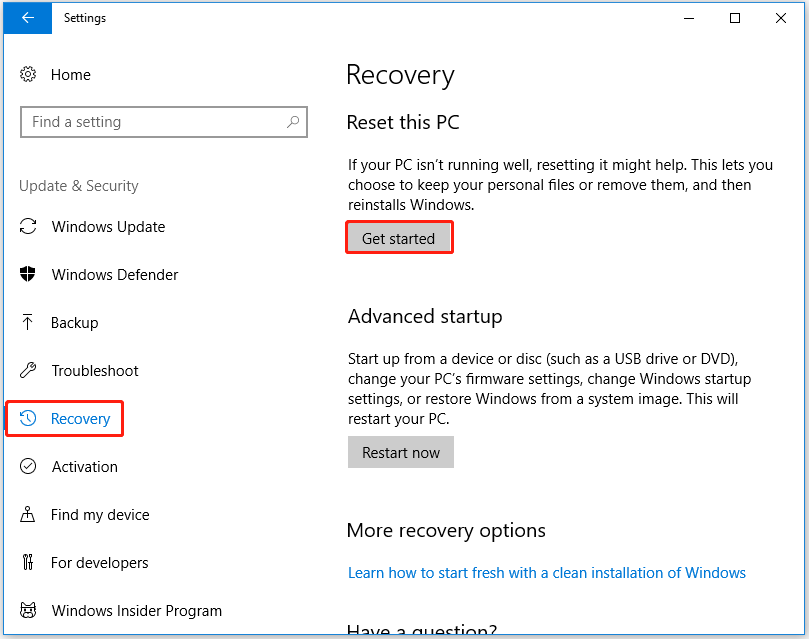 click Get started in the Reset this PC section