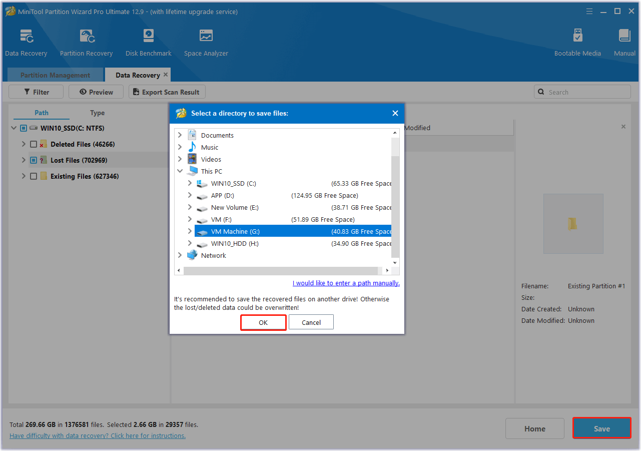 choose a location to save the recovered files