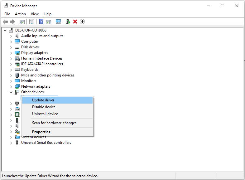 select Update driver in Device Manager
