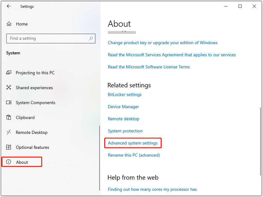 click Advanced system settings in Settings