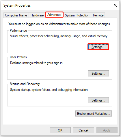 click Settings in the Performance section