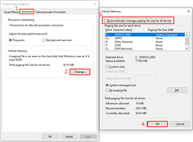 untick Automatically manage paging file size for all drives