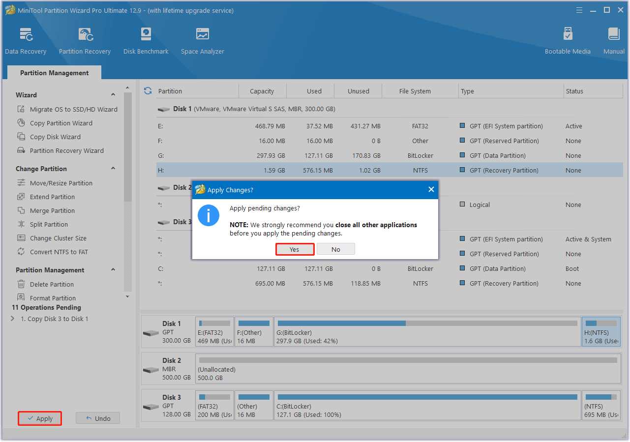 click Apply and Yes in MiniTool Partition Wizard