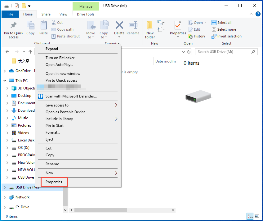 open the properties of the USB drive