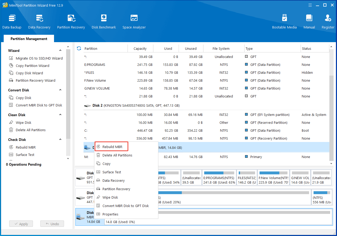 click the USB drive and select Rebuild MBR in Partition Magic