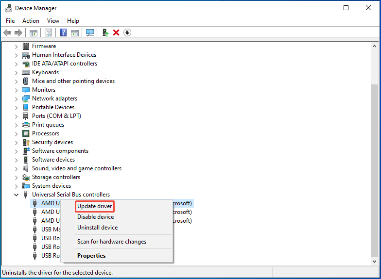 select the USB driver and pick Update driver