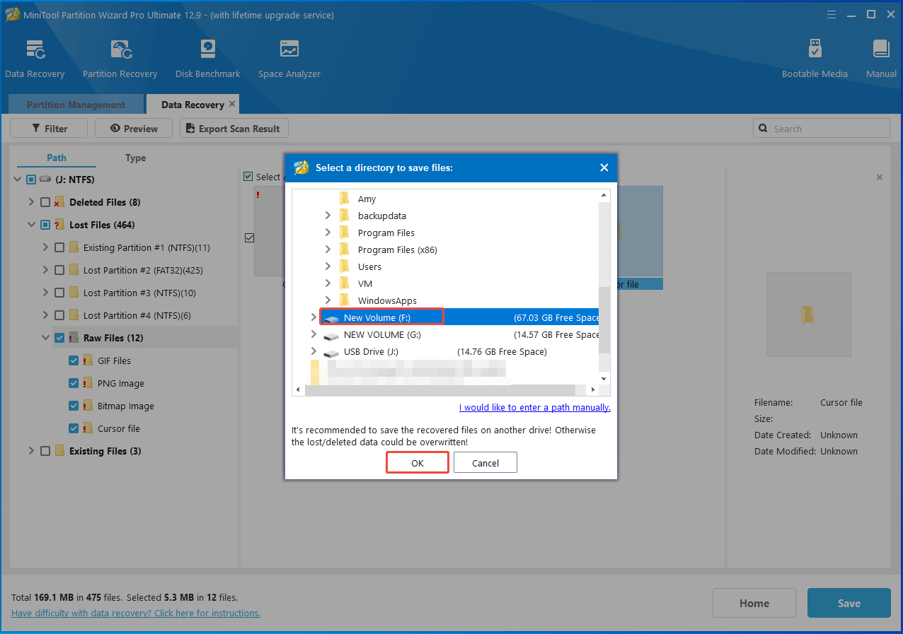 pick a directory for the recovered data in Partition Magic