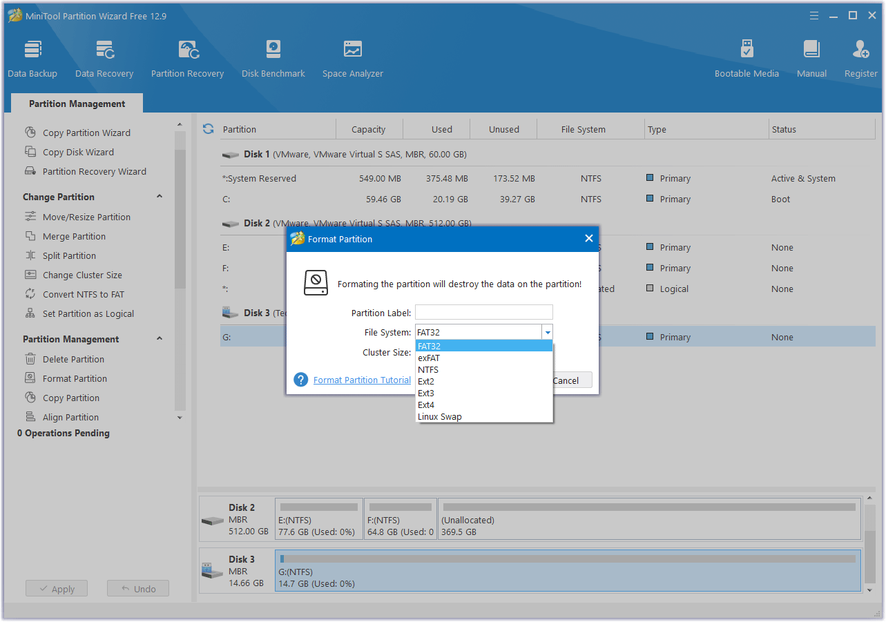 configure the formatting settings in MiniTool Partition Wizard