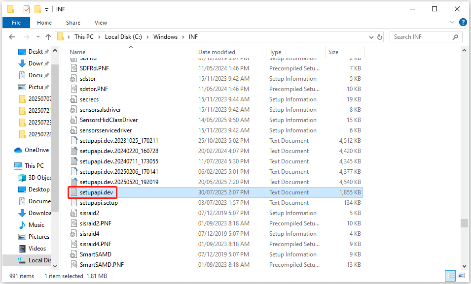 find the setupapi.dev file