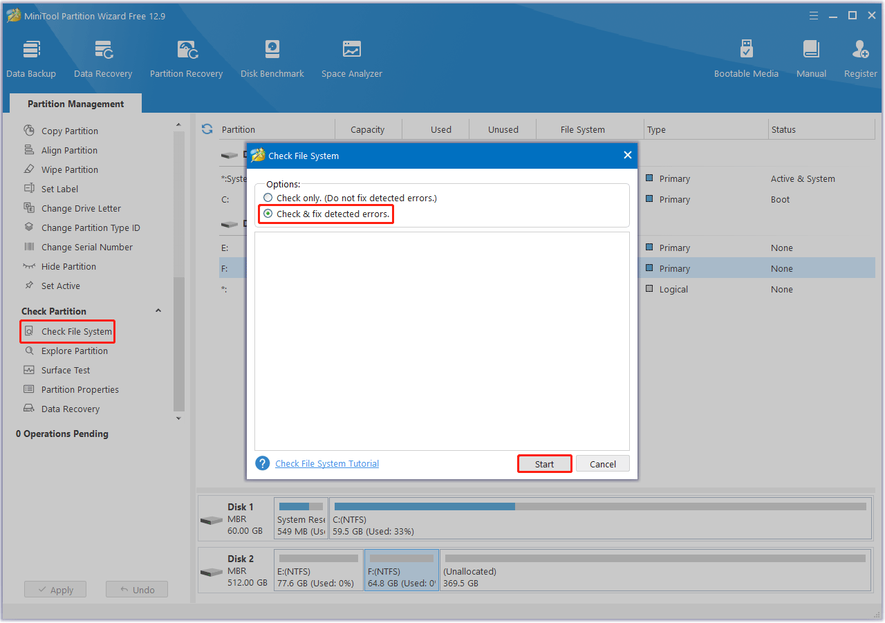 Select to check and fix detected errors in MiniTool Partition Wizard