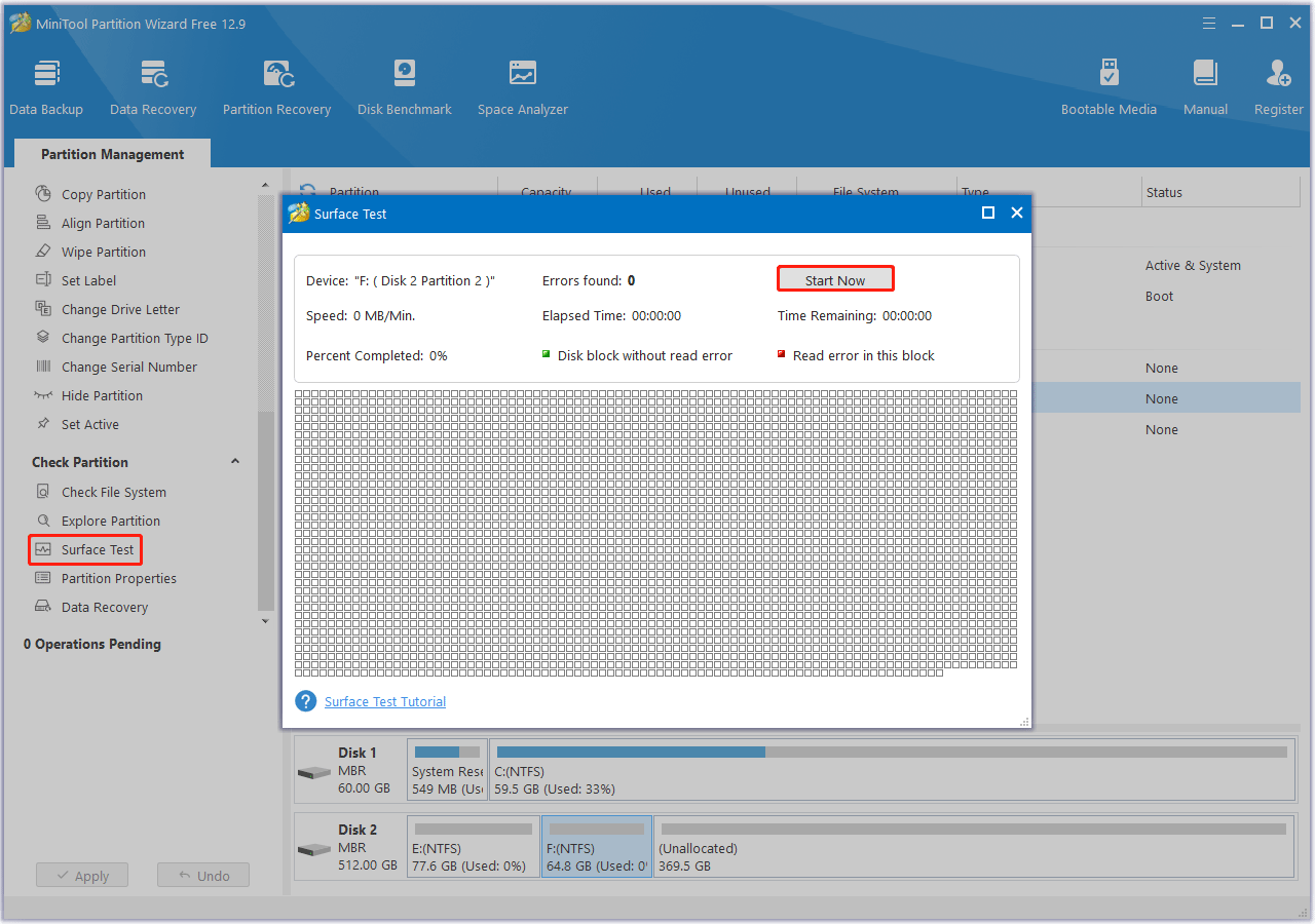 Perform Surface Test to check bad sectors with MiniTool Partition Wizard