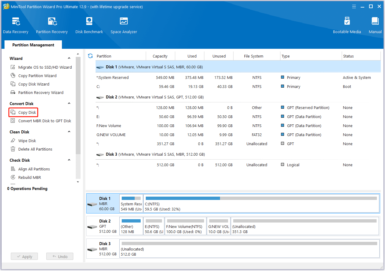 select the old drive to copy in MiniTool Partition Wizard
