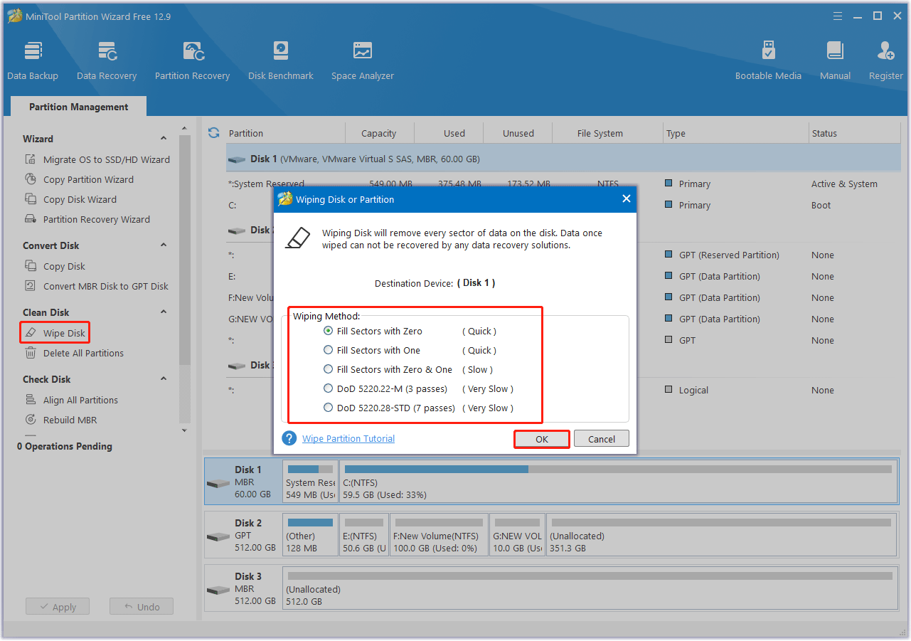 wipe the old drive in MiniTool Partition Wizard
