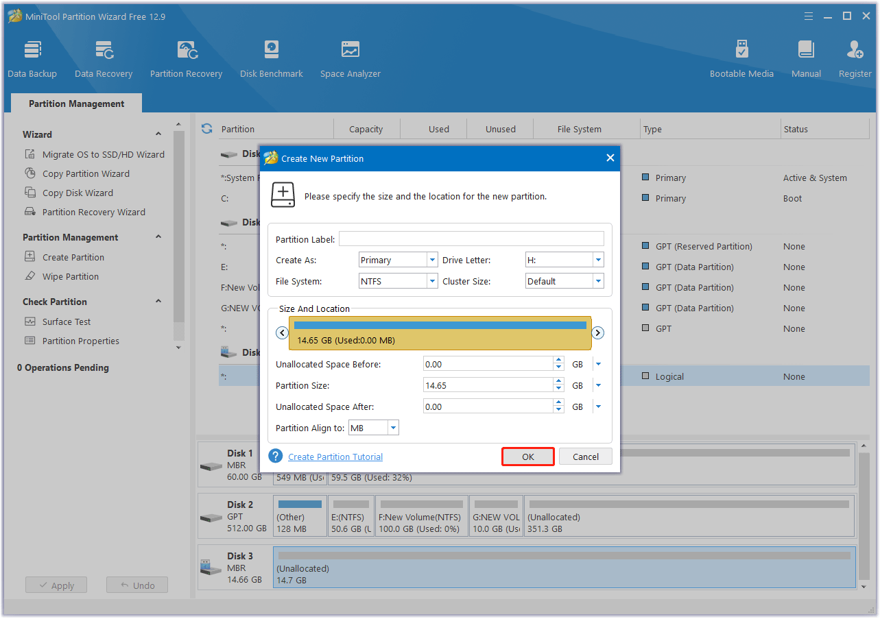 set these parameters in MiniTool Partition Wizard