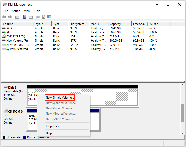 click New Simple Volume in Disk Management