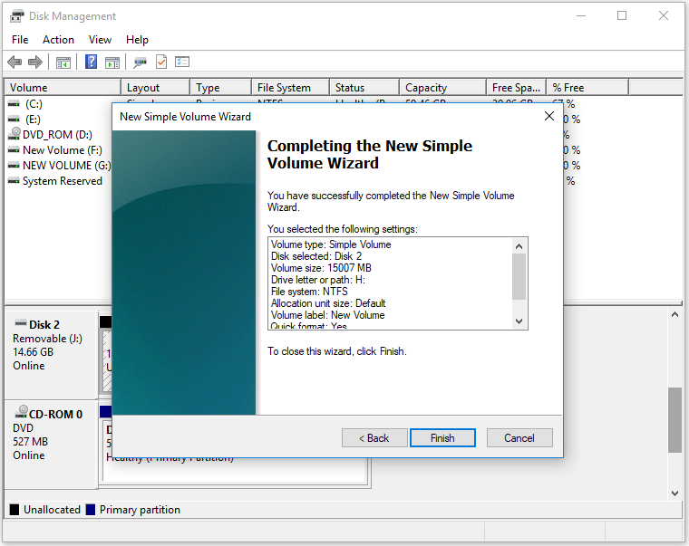 complete creating a new partition in Disk Management