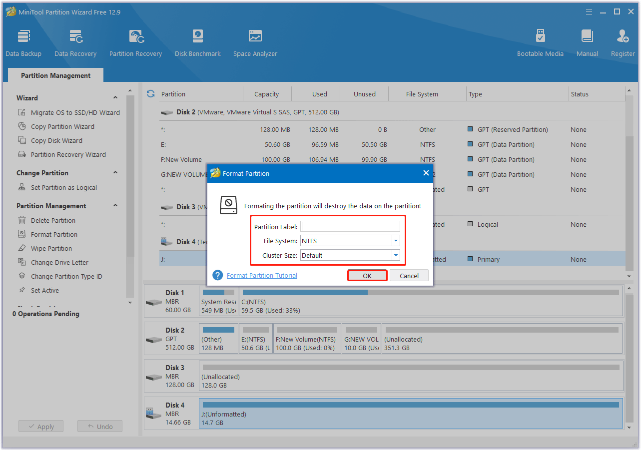 set the format parameter in MiniTool Partition Wizard