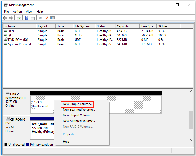 create a new volume on a USB flash drive in Disk Management