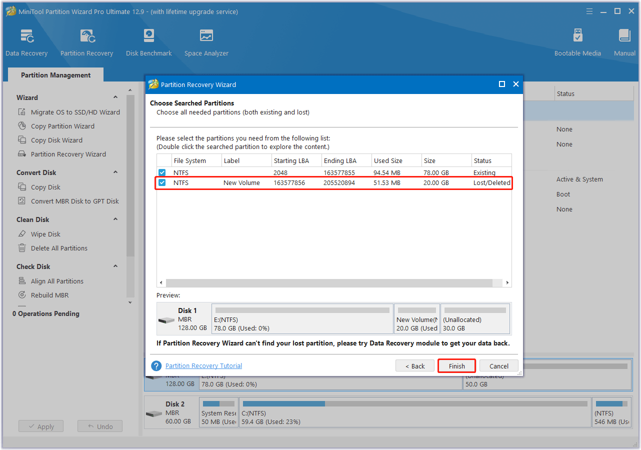 check all needed partitions in MiniTool Partition Wizard