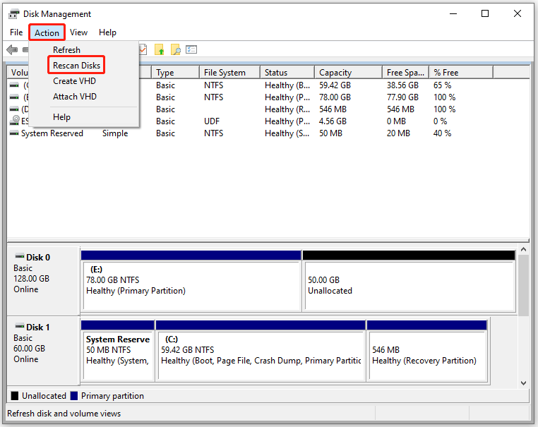 rescan your disks in Disk Management