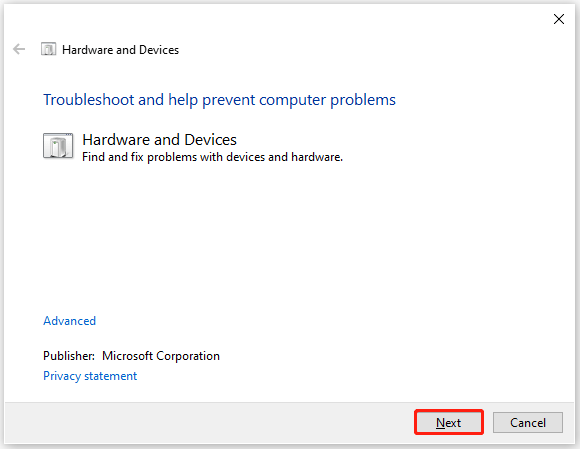run the Hardware and Devices troubleshooter