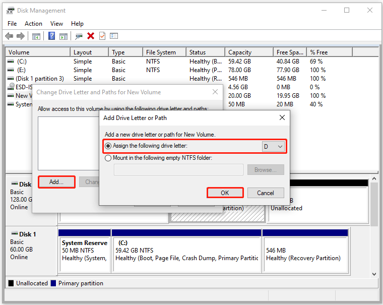 assign a drive letter in Disk Management