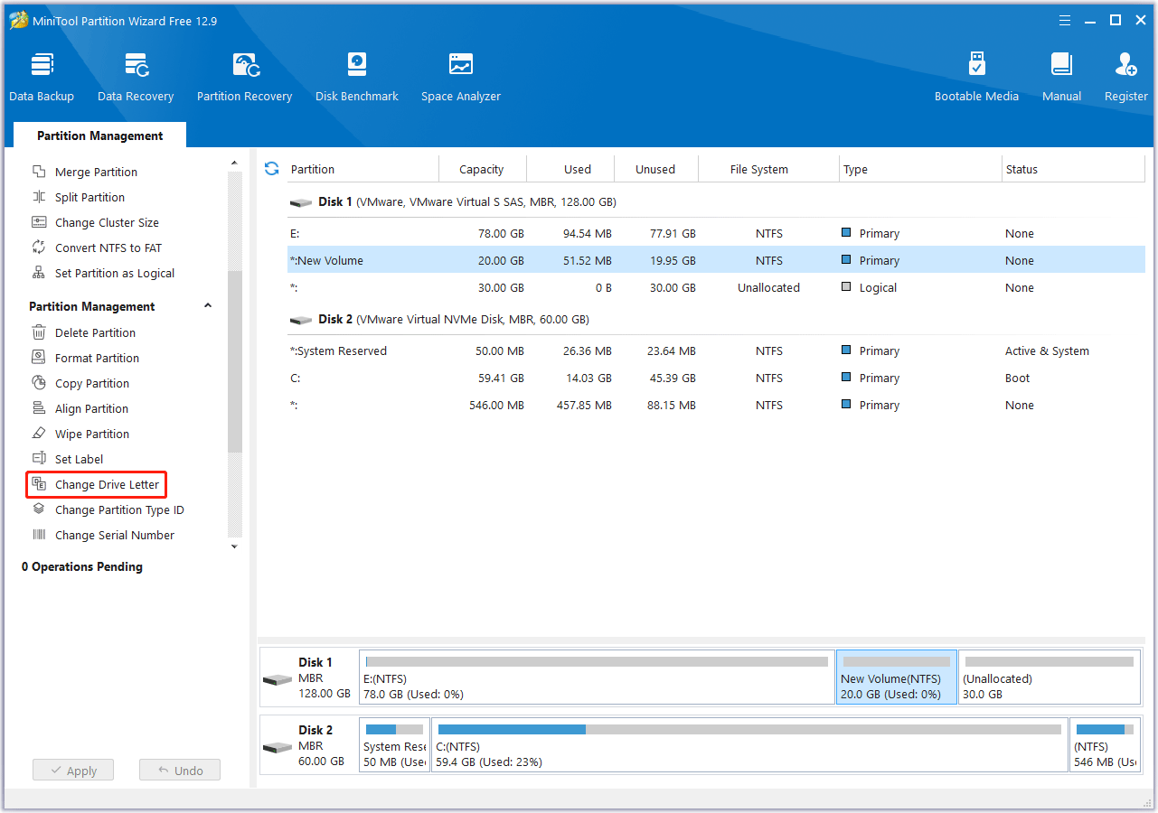 change drive letter in MiniTool Partition Wizard