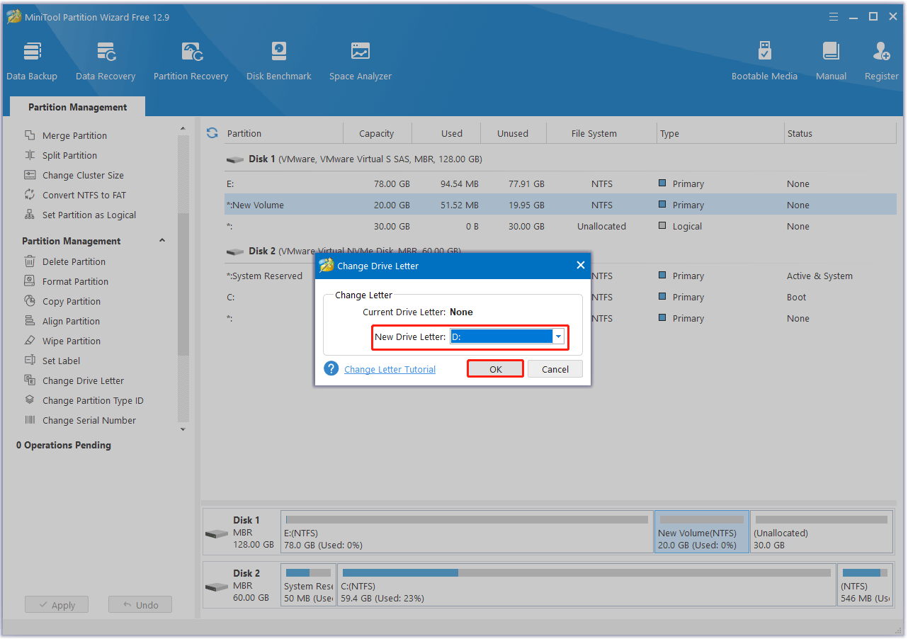 select a drive letter in MiniTool Partition Wizard