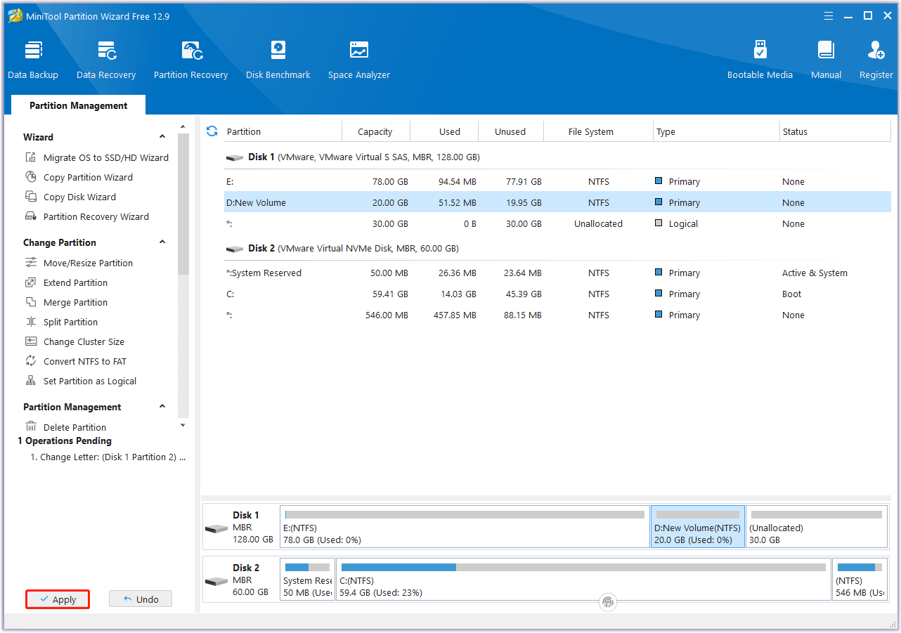 click Apply to execute the operation in MiniTool Partition Wizard