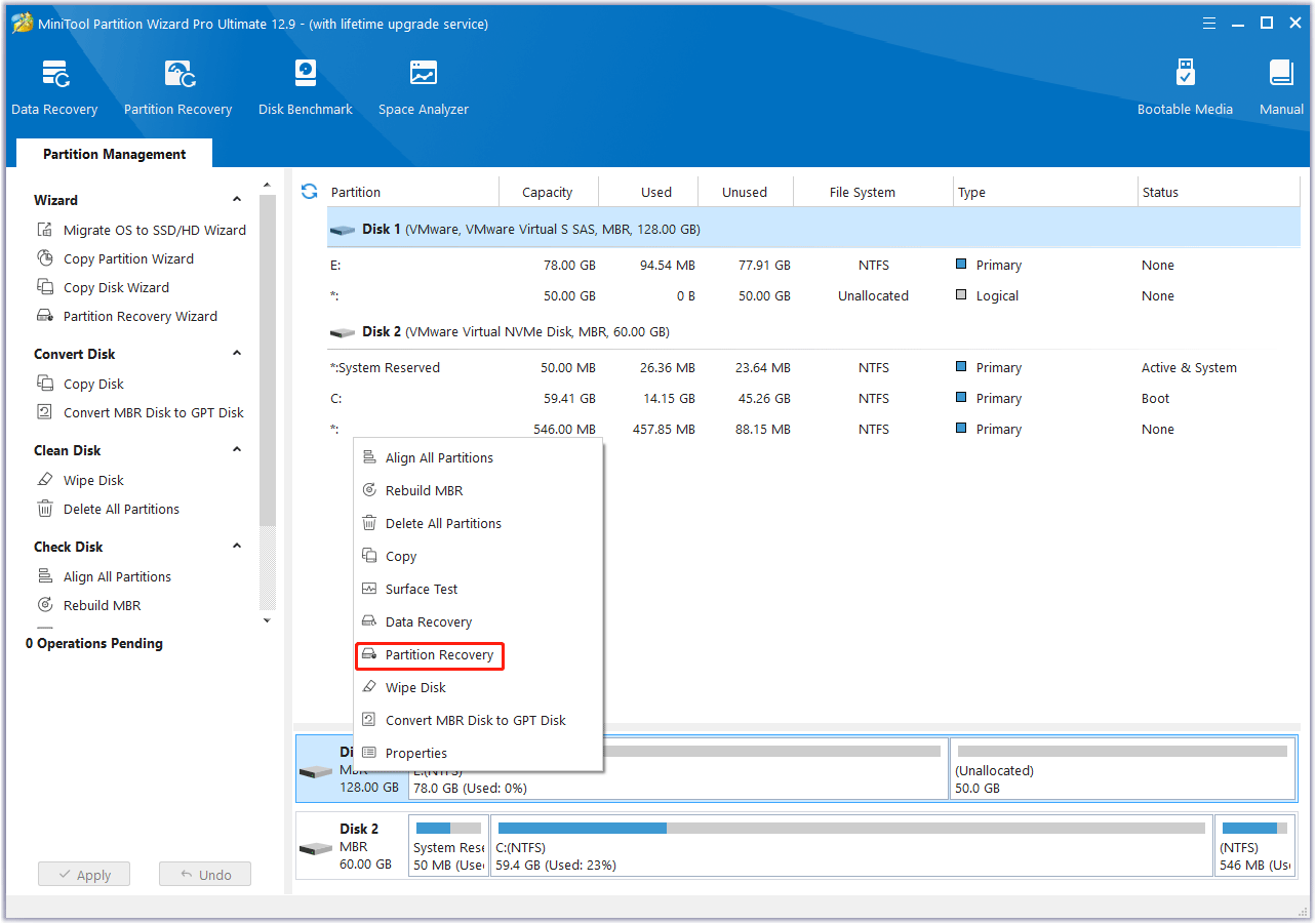 choose partition recovery in MiniTool Partition Wizard