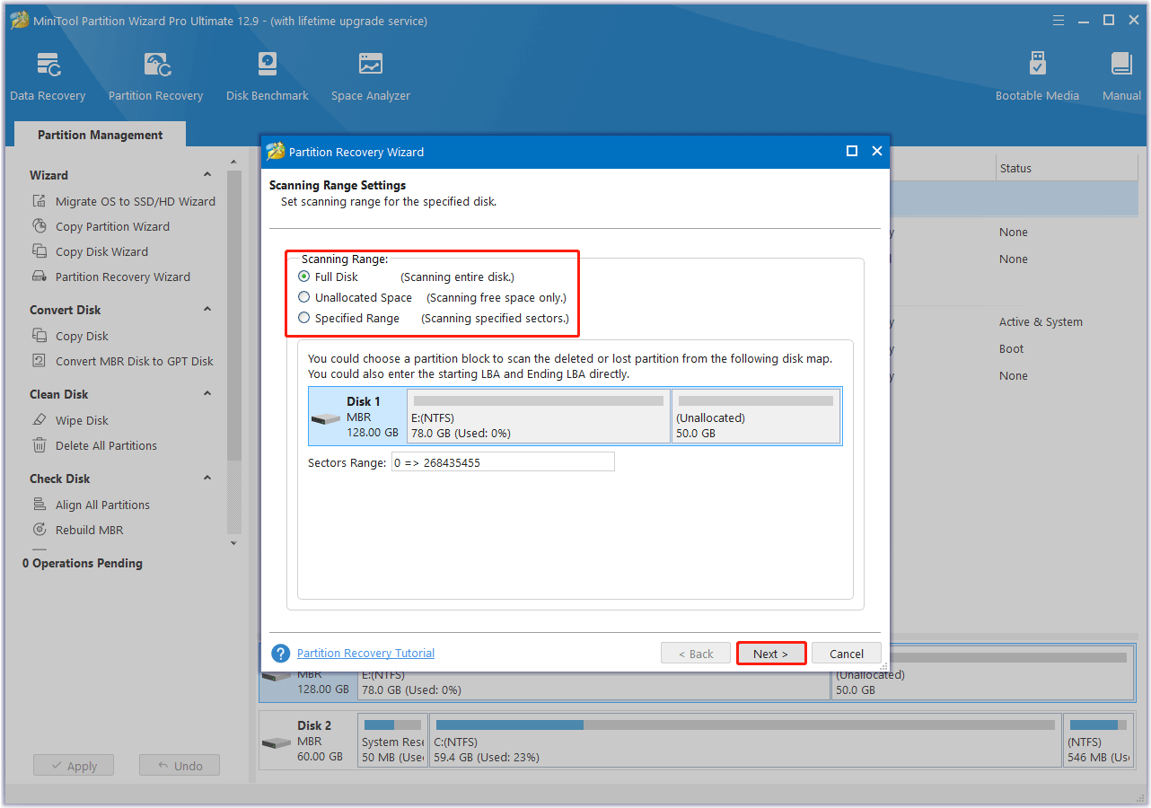 choose a scanning range in MiniTool Partition Wizard