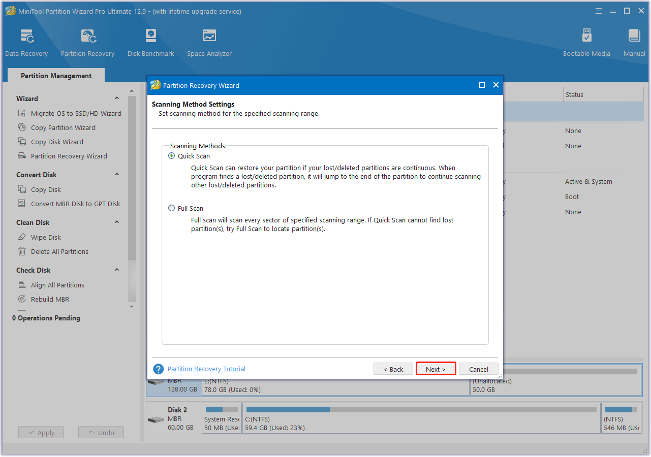set a scanning method in MiniTool Partition Wizard