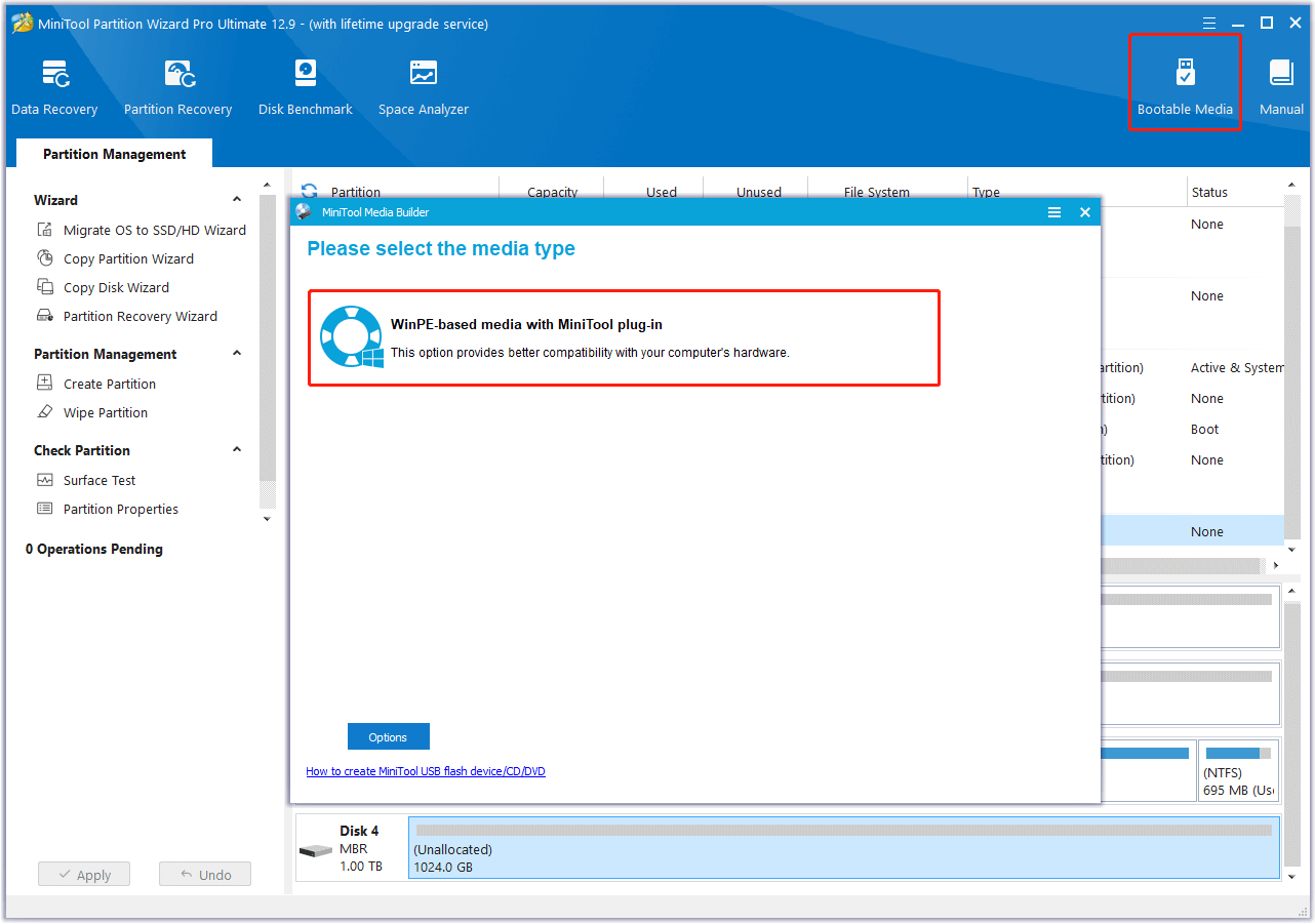 click Win PE-based media with MiniTool plug-in
