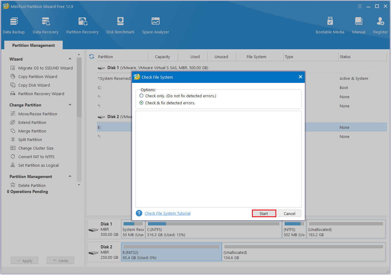 click Start in MiniTool Partition Wizard