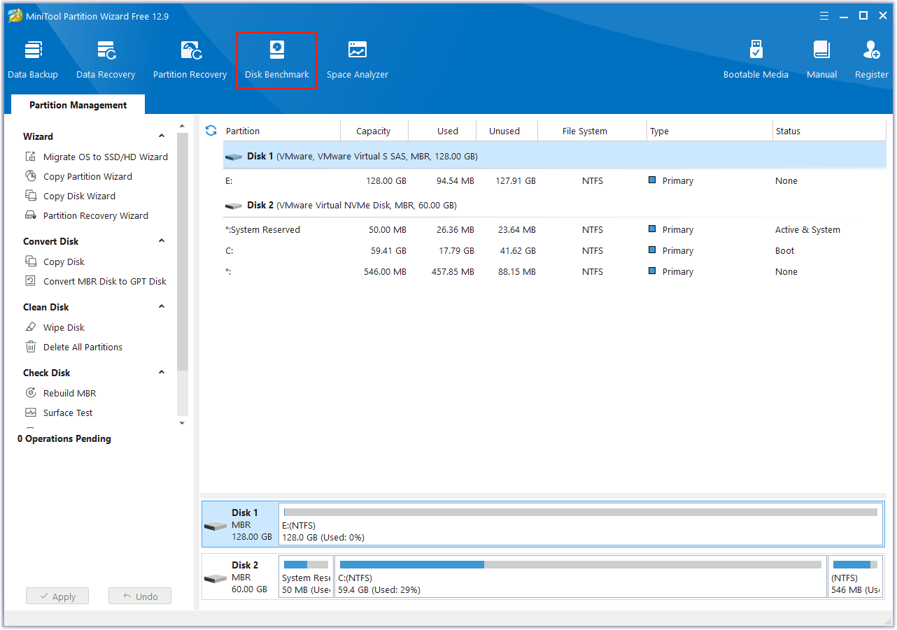 select Disk Benchmark in MiniTool Partition Wizard